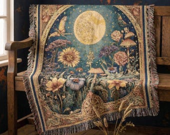 Whimsigoth Floral Moon Tarot Woven Throw, Mystical Floral Tapestry, Vintage Astrology Decor, Cosmic Boho Blanket Gift, Celestial Dorm Decor