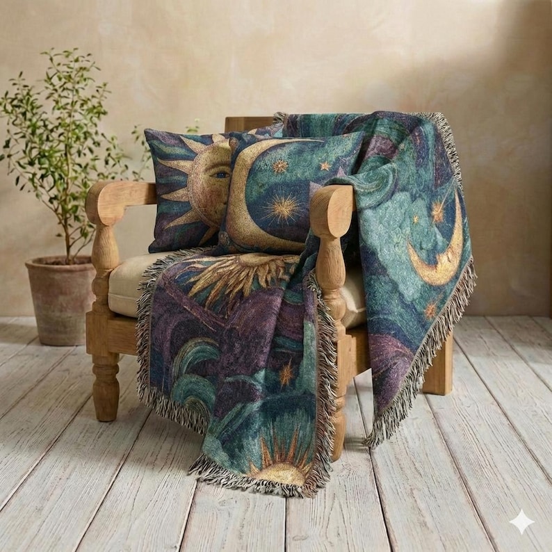 Whimsigoth Sun and Moon Woven Throw, 100% Cotton Purple Celestial Blanket, Cozy Witchy Tapestry, Mystical Dorm Room Decor image 10