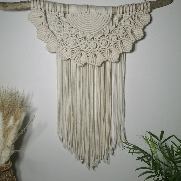 Grand macramé bois perlé pompon tenture murale bohème naturel
