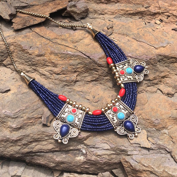 Ethnic Navy Blue Statement Necklace