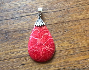 Teardrop Red Coral and Sterling Silver Pendant