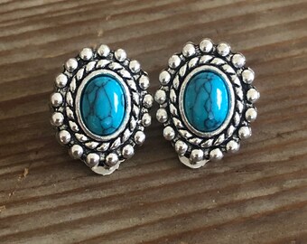 thumbnail image 2 of Handmade Tibetan Silver Drop Earrings With Feather & Turquoise Bead – Clip-On 2 of 5