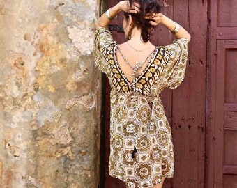 Camisola V Dress - Summer Short Dress - Block Print with Veg Dyes - Fine Cotton - Small/ Medium Size - Ibiza Boho