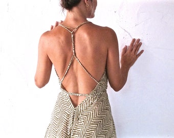 Mini Mona Sexy Strand-Ibiza-Kleid mit Stammesdruck – natürliche Stoffe – Sommer-Maxikleid – Einheitsgröße – Blockdruck – Grün und Schwarz