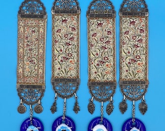 Turkish Hand Woven Miniature Carpet Wall Decor with Glass Evil Eye