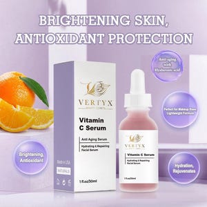 May include: A 1 fl oz (30 ml) bottle of Vertyx Vitamin C Serum. The bottle is clear with a pink liquid inside. The label is white with gold lettering and says "Vertyx Beauty Secrets" and "Vitamin C Serum". The label also says "Anti Aging Serum", "Hydrating & Repairing Facial Serum", and "Made in USA".