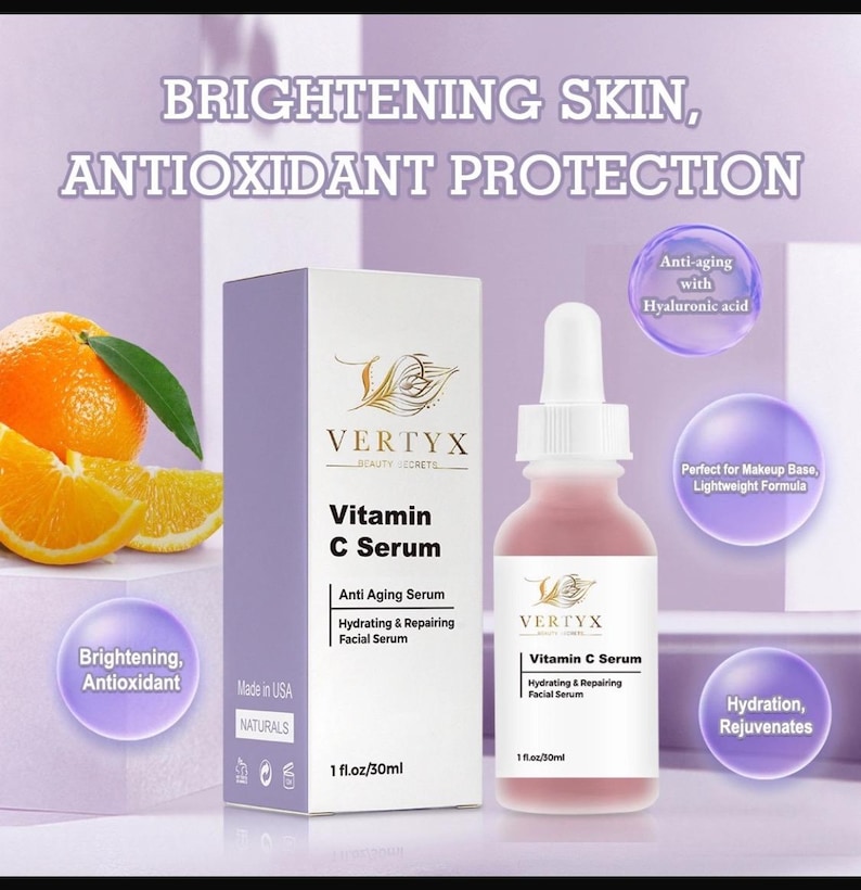 May include: A 1 fl oz (30 ml) bottle of Vertyx Vitamin C Serum. The bottle is clear with a pink liquid inside. The label is white with gold lettering and says "Vertyx Beauty Secrets" and "Vitamin C Serum". The label also says "Anti Aging Serum", "Hydrating & Repairing Facial Serum", and "Made in USA".