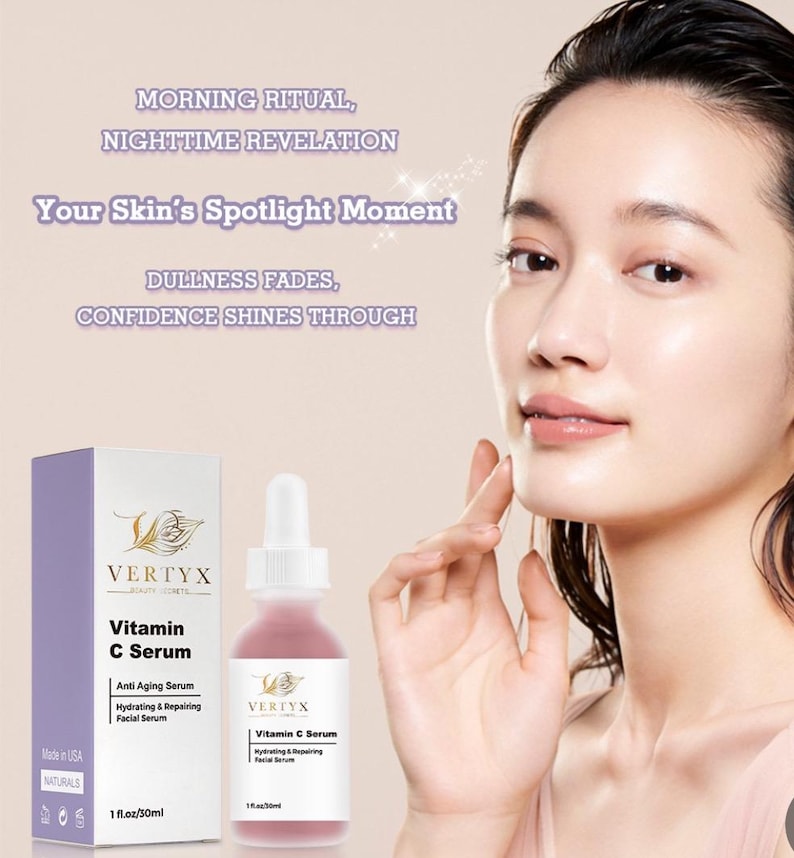 May include: A clear glass bottle with a dropper filled with a pink liquid. The bottle is labeled "VERTYX Vitamin C Serum" and "Anti Aging Serum". The bottle is 1 fl oz / 30 ml. The bottle is sitting on a white surface.