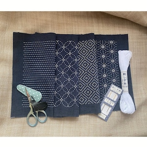 Sashiko hand embroidery kit of two pre-printed fabrics with traditional Japanese wash-away pattern sampler, Sashiko sewing accessories