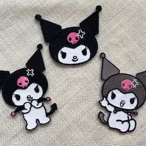 Kuromi sanrio embroidered iron-on patch with 3 mini stickers gift, Japan kawaii patch for jacket, Cartoon kids patch sticker Girlfriend gift