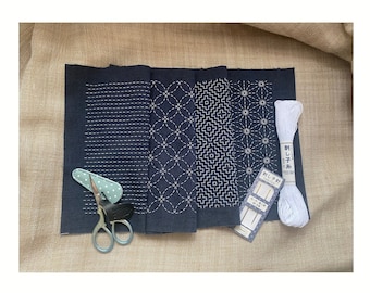 Sashiko hand embroidery kit of two pre-printed fabrics with traditional Japanese wash-away pattern sampler, Sashiko sewing accessories