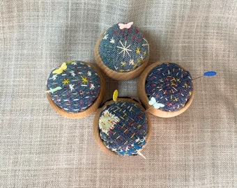 Wholesale custom order sashiko embroidered pincushion with wooden base with felt lettering, Custom bulk wedding gifts, Favors for guest