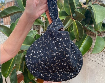 Sac à nœuds japonais en tissu imprimé libellules noires, sac de soirée au poignet, sac à main de style nœud pour elle, sac de courses pour femme