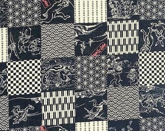 Japanese vintage black cotton canvas on beige background with cartoon rabbits, monkeys, frogs, Grid fabric for sewing, quilting, handicrafts