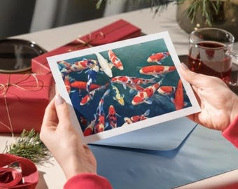 Tarjeta de felicitación japonesa con carpa koi y sobre, Tarjeta para la prosperidad y la buena fortuna, Tarjeta en blanco, Tarjeta con peces, Juego de papelería