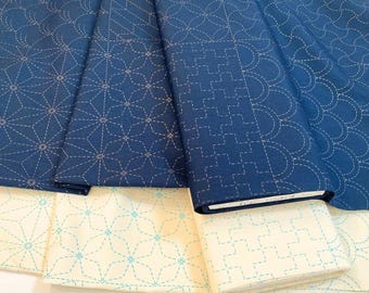8 disegni Sashiko, cotone giapponese blu navy/crema con motivi geometrici prestampati lavabili, modelli per runner da tavola, ricamo a mano fai da te