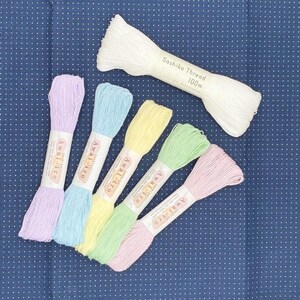 Set of 1 skein of 100m in white color and 6 skeins of sashiko thread 5 skeins of 40m in pastel colors, Colored threads for sewing and crafts