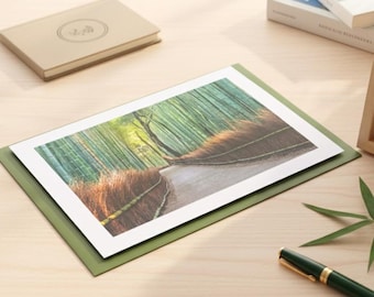 Tarjeta de felicitación del bosque de bambú de Arashiyama, arte natural japonés de Kioto, tarjeta en blanco con sobre