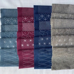 Sashiko panel with 6 traditional Japanese motifs on pre-painted wash-away fabric for hand embroidery and sewing tools, DIY beginners