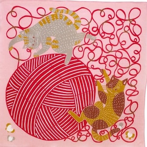 Tessuto di cotone furoshiki rosa con gatti e gomitolo da 20 pollici, Confezione regalo riutilizzabile, Confezione regalo senza sprechi, tovaglioli quadrati in sostituzione della carta
