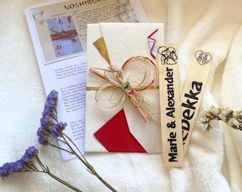 Sobre de dinero de boda tradicional japonés personalizado, papel washi Shugi-Bukuro con nudo de grulla mizuhiki y noshi. Regalo para novios.