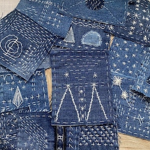 Boro patches for visible mending perfect for jeans, jackets or backpacks, Mending denim sashiko for hand sewing, Gift for sewing beginners