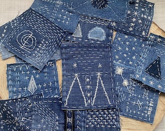 Boro patches for visible mending perfect for jeans, jackets or backpacks, Mending denim sashiko for hand sewing, Gift for sewing beginners