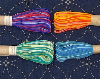 Echevette de fil Sashiko panachée, fil à broder teint à la main en gros fil multicolore teint à la main pour broderie japonaise