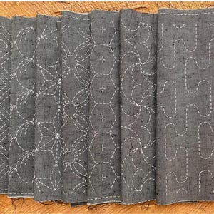 Beginner-friendly DIY sashiko kit, Gray cotton fabric pre-printed in soluble ink featuring Japanese patterns for easy hand embroidery