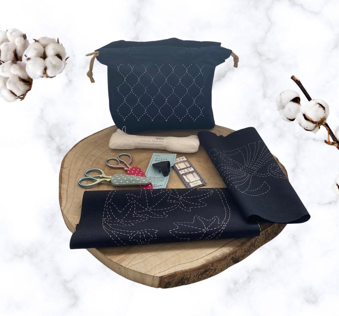Deluxe Sashiko Embroidery Kit Includes Cotton Bag, Sashiko Fabric