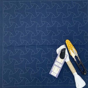 Japanese hanafukin sashiko starter kit, Washable preprinted maru bishamon design on blue cotton with geometric patterns for hand embroidery