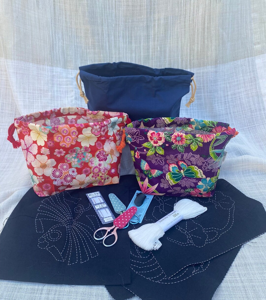 Complete Embroidery Sashiko Starter Kit With Cotton Bag Etsy