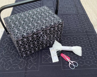 Limited edition black sashiko panel pre-printed with water erasable kit with typical Japanese motifs, sewing box and sewing accessories