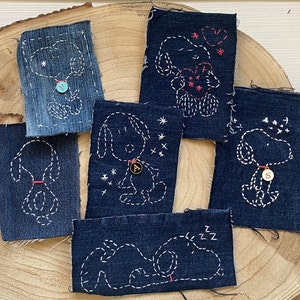 Customizable snoopy patch made with recycled denim and sashiko technique,  Cartoon Clothes Accessory, Applique dog for sewing