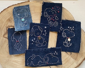 Personalisierbarer Snoopy-Aufnäher aus recyceltem Denim und Sashiko-Technik, Cartoon-Kleidungszubehör, Applikationshund zum Nähen