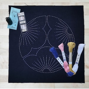 Traditional japanese washable preprinted sakura flower pattern sashiko kit on black, Project easy japanese sewing for DIY crafters, Boro kit