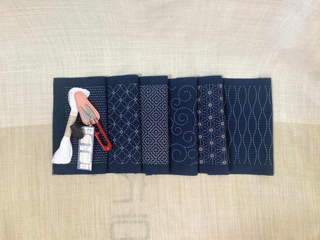 Sashiko Hand Embroidery Kit of Two Pre-printed Fabrics With Traditional ...
