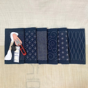 Sashiko hand embroidery kit of two pre-printed fabrics with traditional Japanese wash-away pattern sampler, Sashiko sewing accessories