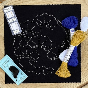 Sashiko embroidery kit pre-printed wash-away pattern sampler, Hand embroidery kit of japanese designs, Easy sashiko beginner kit
