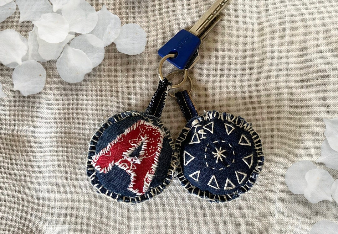 Personalized Sashiko Keychain Embroidered With Doublesided Initial