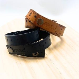 Adjustable black leather double wrap adjustable bracelet with tape measure design and snap closure, Craft supplies & tools, Gift for her