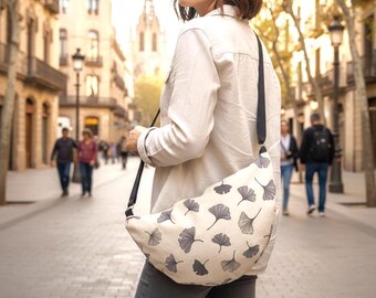 Bolso bandolera vegano de media luna con estampado de ginkgo, riñonera minimalista con bolsillo interior y cierre de cremallera, bolso bandolera japonés para mujer
