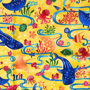 Japanese cotton fabric with okinawa marine life design on yellow background, with corals, fish, octopus Great for quilting, sewing and craft