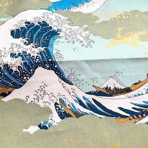 The Great Wave off Kanagawa blue japanese cotton fabric mint background golden cranes Mount Fuji for vintage sewing, decoration & patchwork