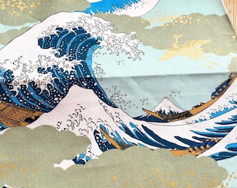 Tela de algodón japonesa azul de La Gran Ola de Kanagawa con fondo menta y grullas doradas, Monte Fuji, para costura vintage, decoración y patchwork.