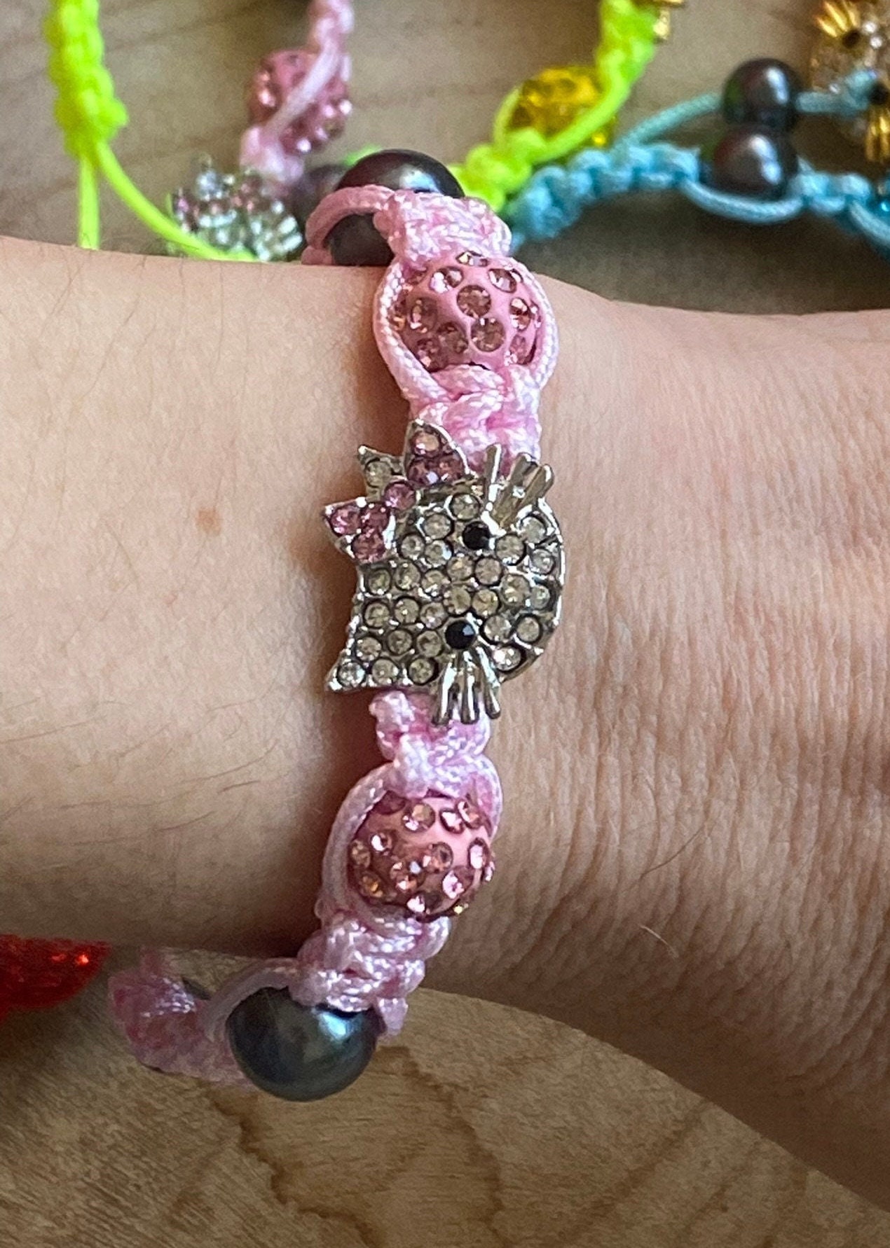 Girls Charm Bracelet Crystal Enamel Flower Adjustable Handcrafted Pink  White