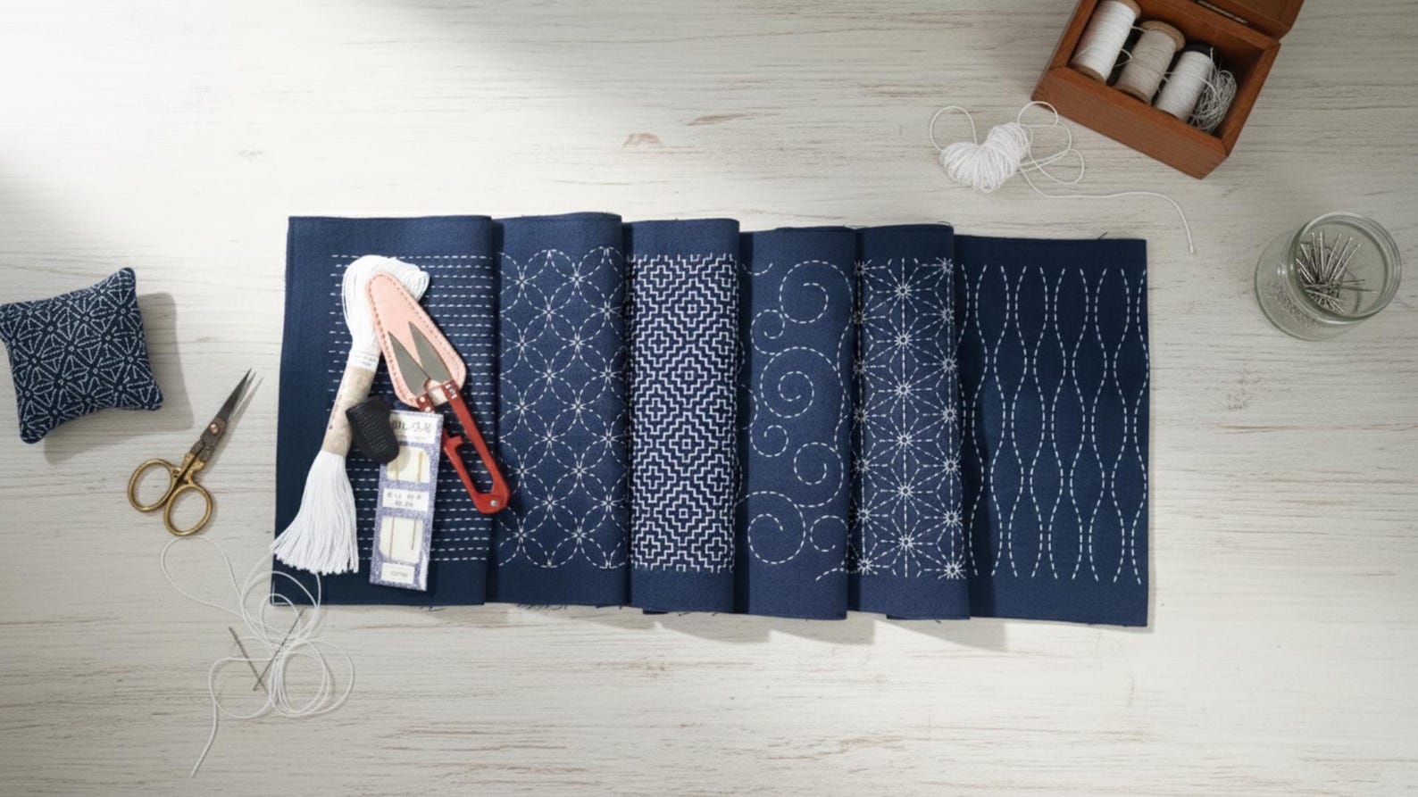 Sashiko Hand Embroidery Kit of Two Pre-printed Fabrics With Traditional ...