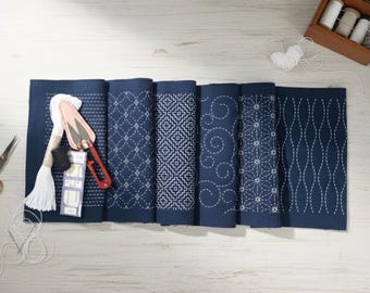 Kit de bordado a mano Sashiko de dos telas preimpresas con muestrario de patrones lavables tradicionales japoneses, accesorios de costura Sashiko