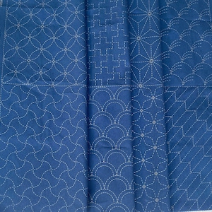 Preprinted traditional Japanese sashiko panels for hand embroidery on indigo blue fabric, DIY gift for crafters, beginners, mom, grandma