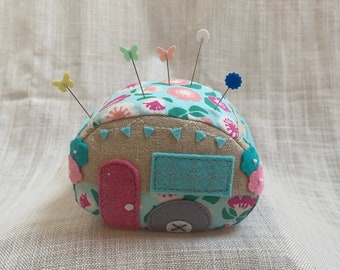 Vintage caravan pin cushion, Retro campervan shaped pin storage, Sewing needle organizer for seamstress gifts